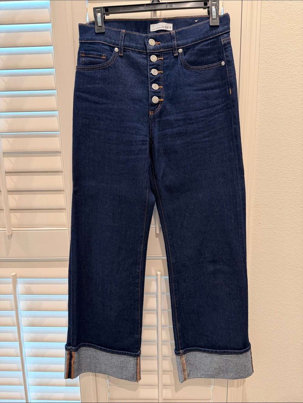 LOFT Dark Blue High-Rise Button-Fly Cropped Wide-Leg Jeans